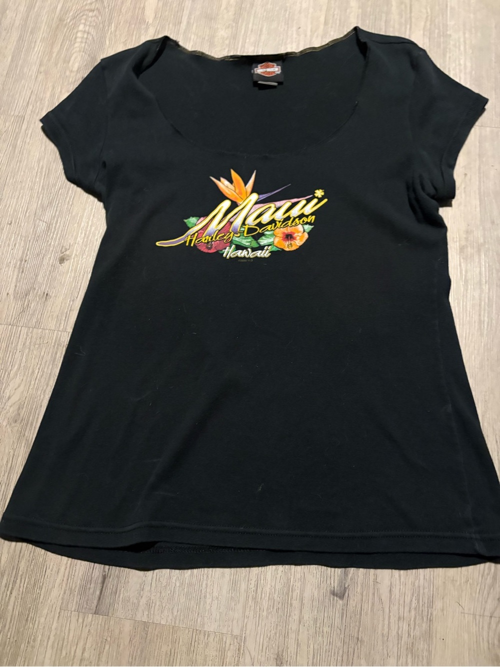Harley-Davidson Black Scoop Neck Tee with Maui Hawaii Floral Logo